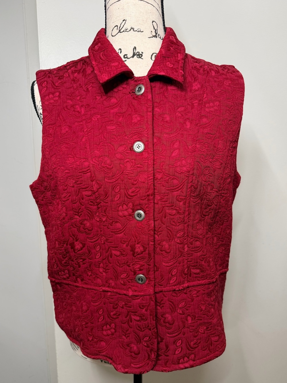 Christopher & Banks Red Floral Jacquard Textured Button Vest M Steam Punk Artsy
